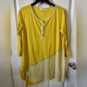 Umgee 3/4 Sleeve Henley Neck in Lemon Yellow Cotton Blend Blouse Size Small over